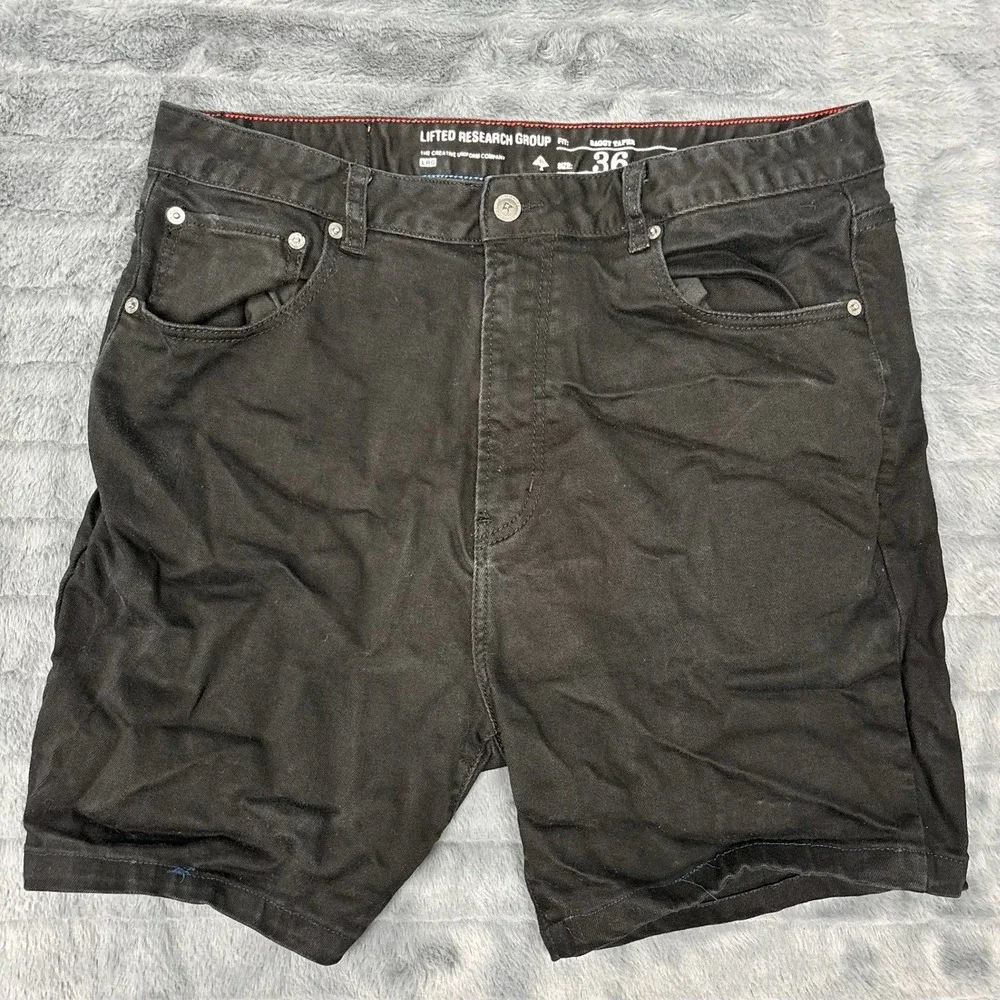 LRG Lifted Research Group Mens Black Baggy Taper Denim Shorts Size 36 Streetwear